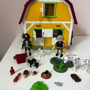 Playmobil barn horse firemen Dalmatian dog cats mouse hedgehogs misc lot